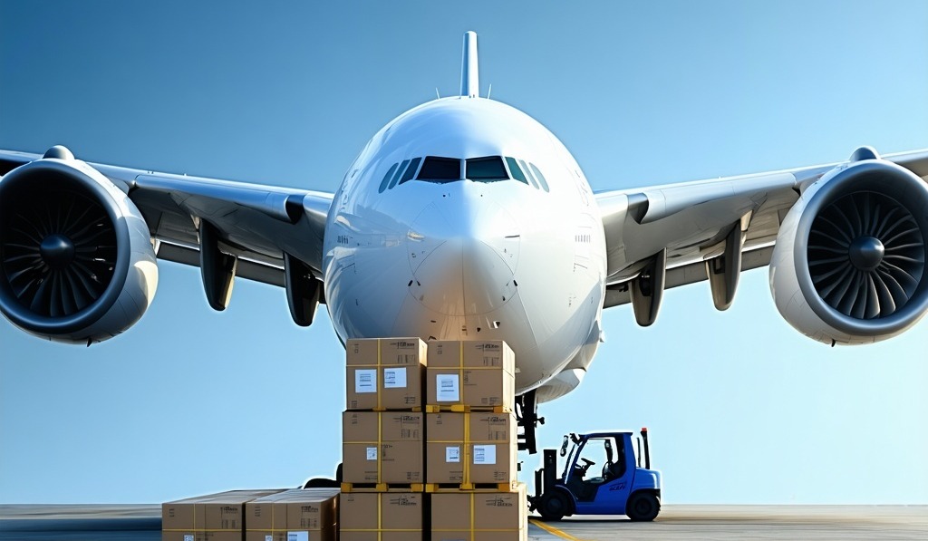 A large cargo airplane is parked on a runway as a forklift loads stacked cardboard boxes in front of the aircraft, showcasing efficient logistics powered by AI for private equity under a clear blue sky.