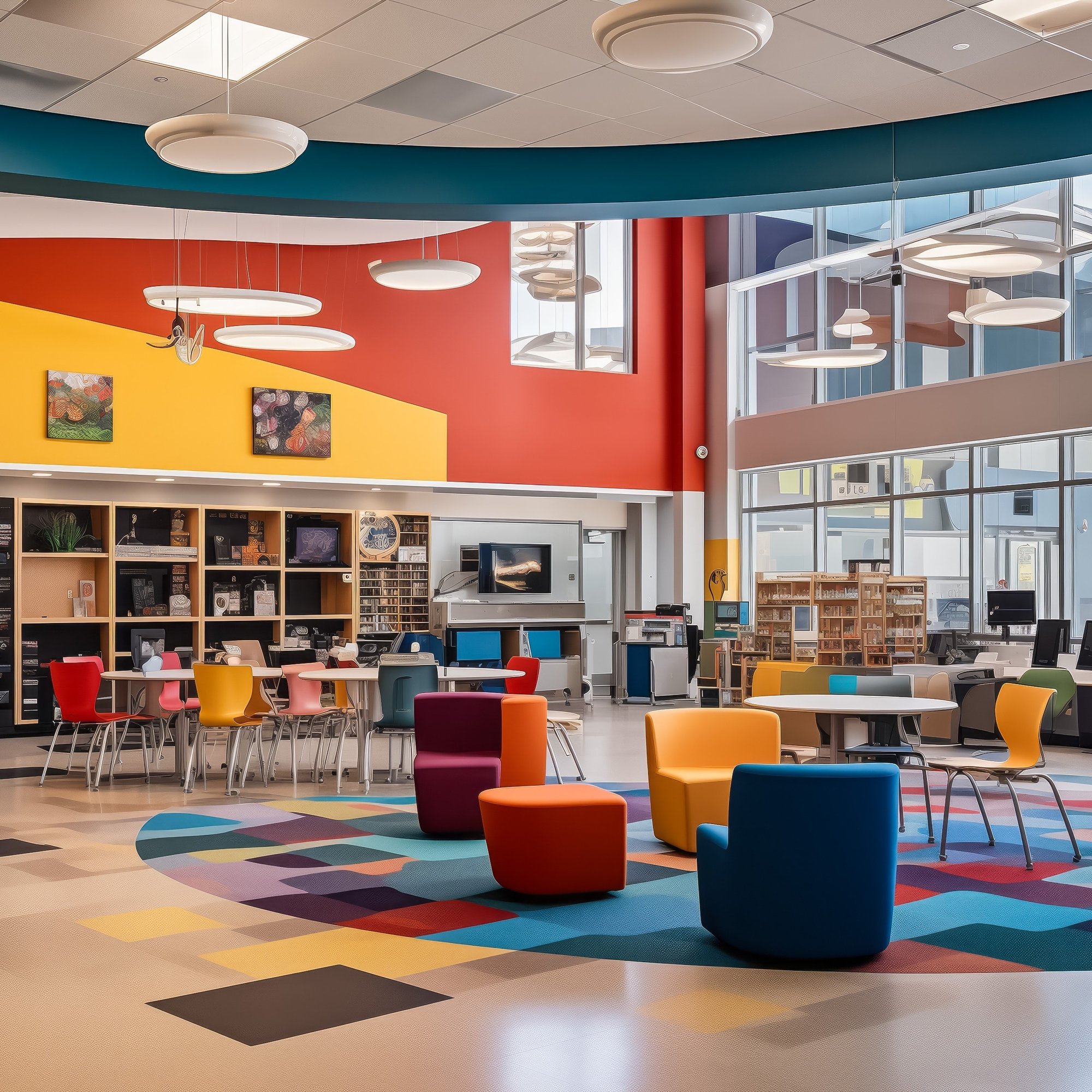 A modern library with colorful chairs, round tables, and a custom-built platform nestled among bookshelves. Large windows let in natural light, creating a vibrant, welcoming atmosphere with bright decor and an open seating area.