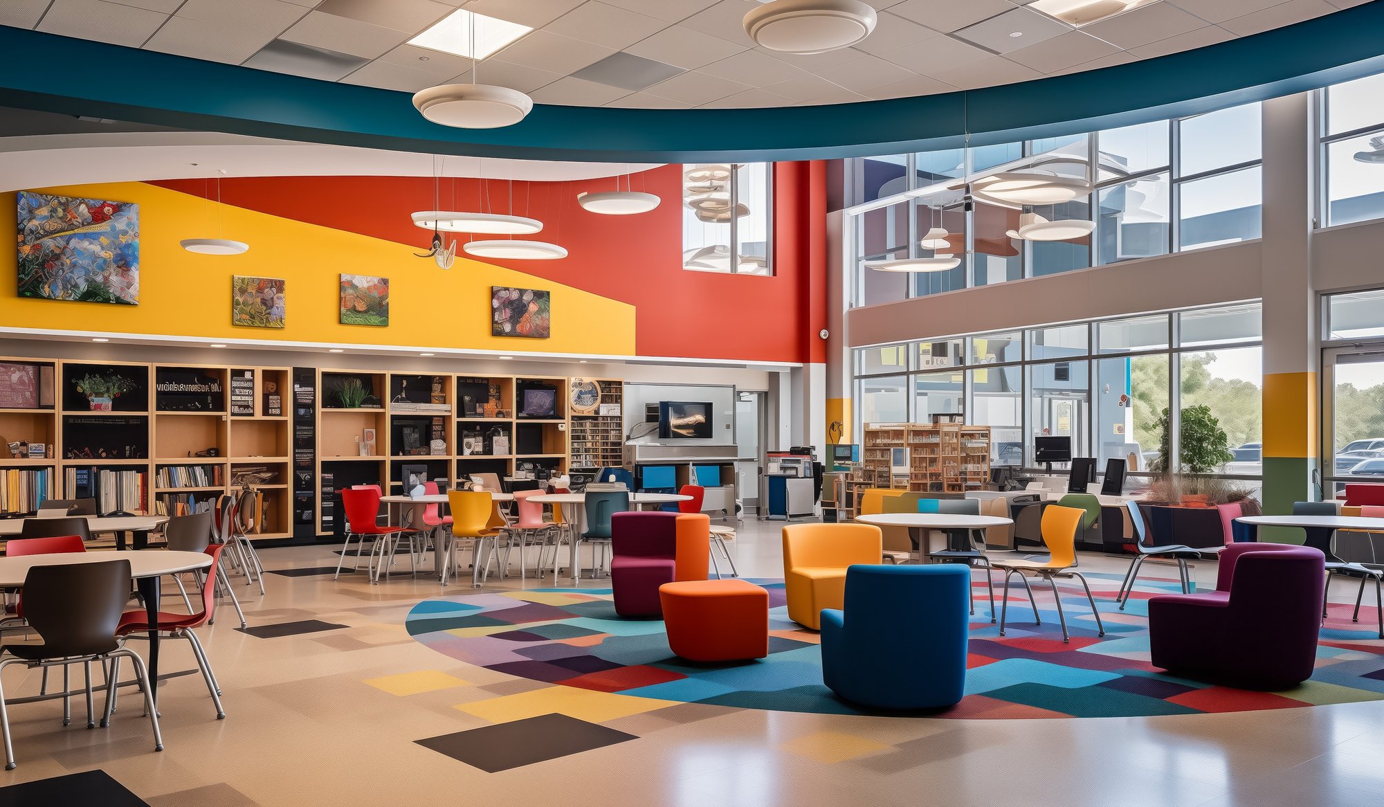 A modern library with large windows, colorful furniture, and bookshelves offers a bright, welcoming learning space—perfect for exploring innovative ideas like AI for private equity or the latest private equity tech solutions.