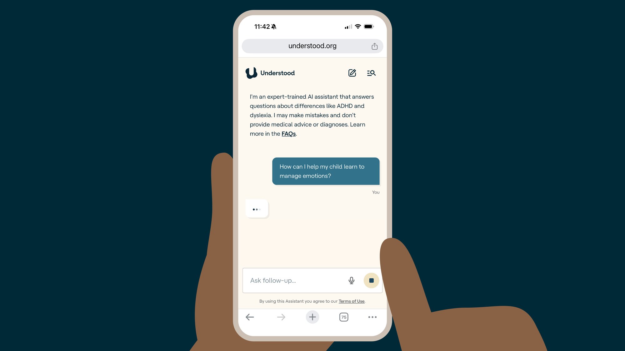 Understood.org AI Assistant mobile interface showing parent asking how to help child manage emotions, demonstrating the expert-trained chatbot for ADHD and dyslexia support