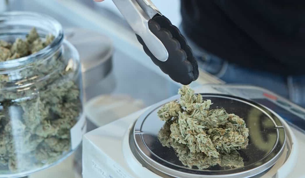 A close-up of a person using tongs to place a cannabis bud on a digital scale, showcasing a streamlined retail check-in process. A glass jar filled with more cannabis is visible in the background.