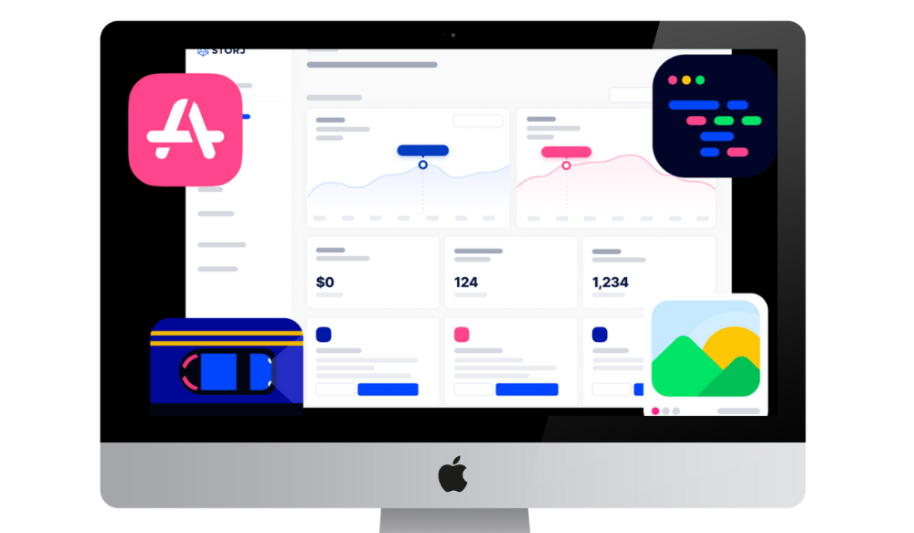 An iMac screen showcases a data analytics dashboard filled with dynamic graphs and figures. Floating around are icons: a pink app store logo, a code snippet, a cassette tape, and a landscape image, symbolizing the fusion of modernizing cloud storage app technology with classic elements.