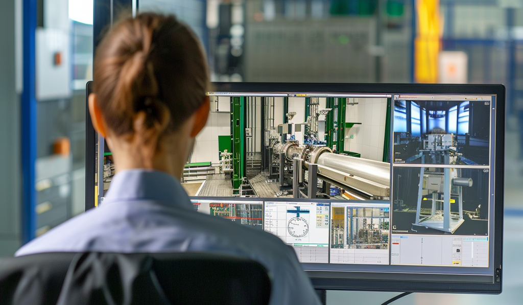 A person sits at a desk, looking at a monitor displaying manufacturing equipment. The background is blurred manufacturing equipment.
