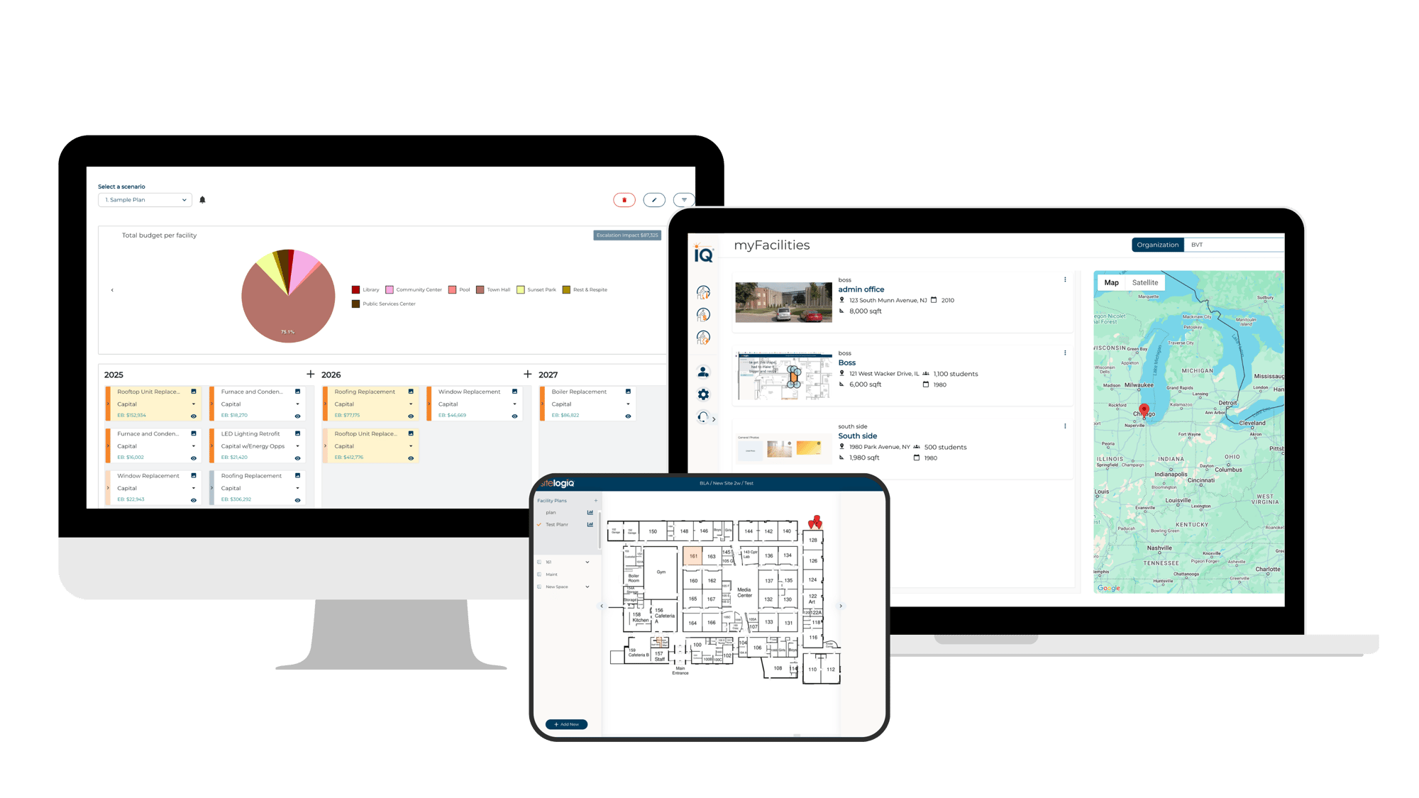 Three screens showcase a custom-built platform: a desktop displays a bar chart and timeline, a laptop features a facilities list with location map, and a tablet presents a detailed floor plan with highlighted areas.