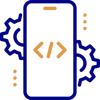 Icon of a smartphone with code brackets on the screen, surrounded by gear symbols on both sides, representing scalable app solutions or mobile app development.
