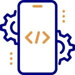 Illustration of a smartphone with coding symbols on the screen, surrounded by two gears on either side, representing custom software solutions in mobile app development.