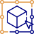An icon of a 3D cube with a cursor arrow pointing at it, symbolizing AI implementation. The cube is outlined in blue and is surrounded by a square, orange grid frame.