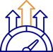 Icon of a speedometer with its needle pointing upward, and three arrows above it—center arrow highlighted in orange—symbolizing increased speed and growth through AI for private equity or advanced private equity tech solutions.