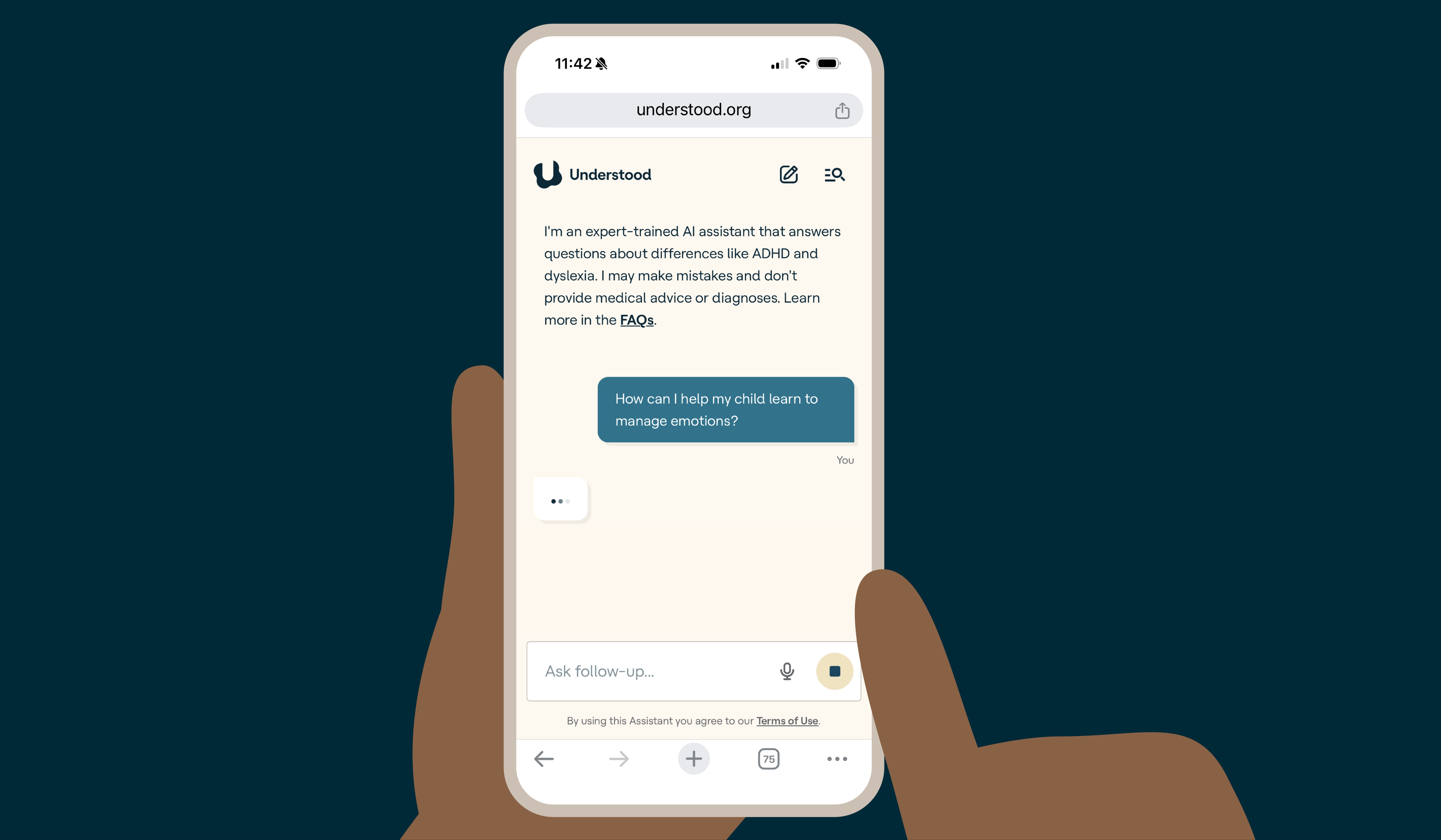 Understood.org AI Assistant mobile interface showing parent asking how to help child manage emotions, demonstrating the expert-trained chatbot for ADHD and dyslexia support