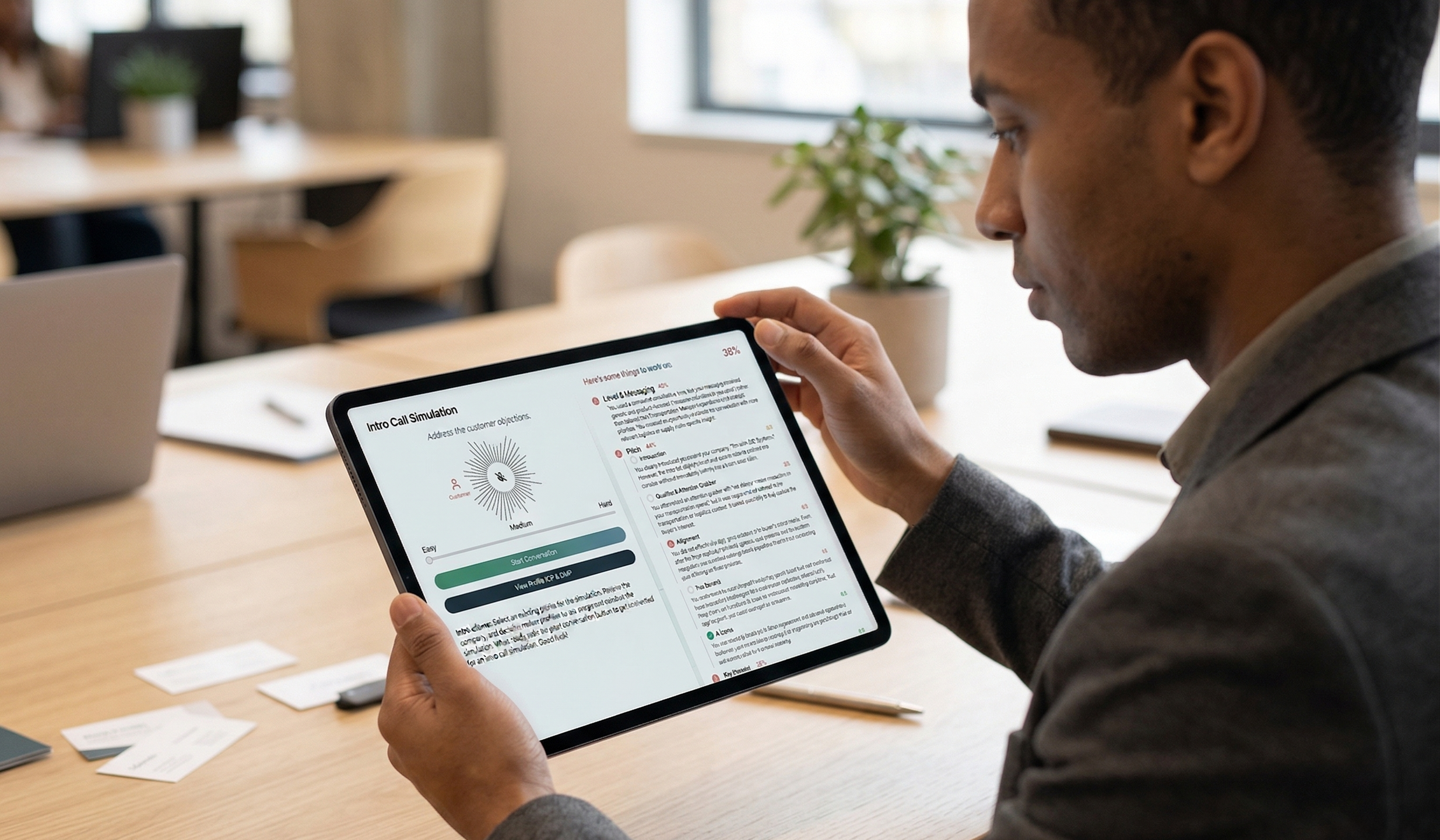 Sales rep practicing a call simulation on the Revogent platform using a tablet, with AI-generated feedback visible on screen