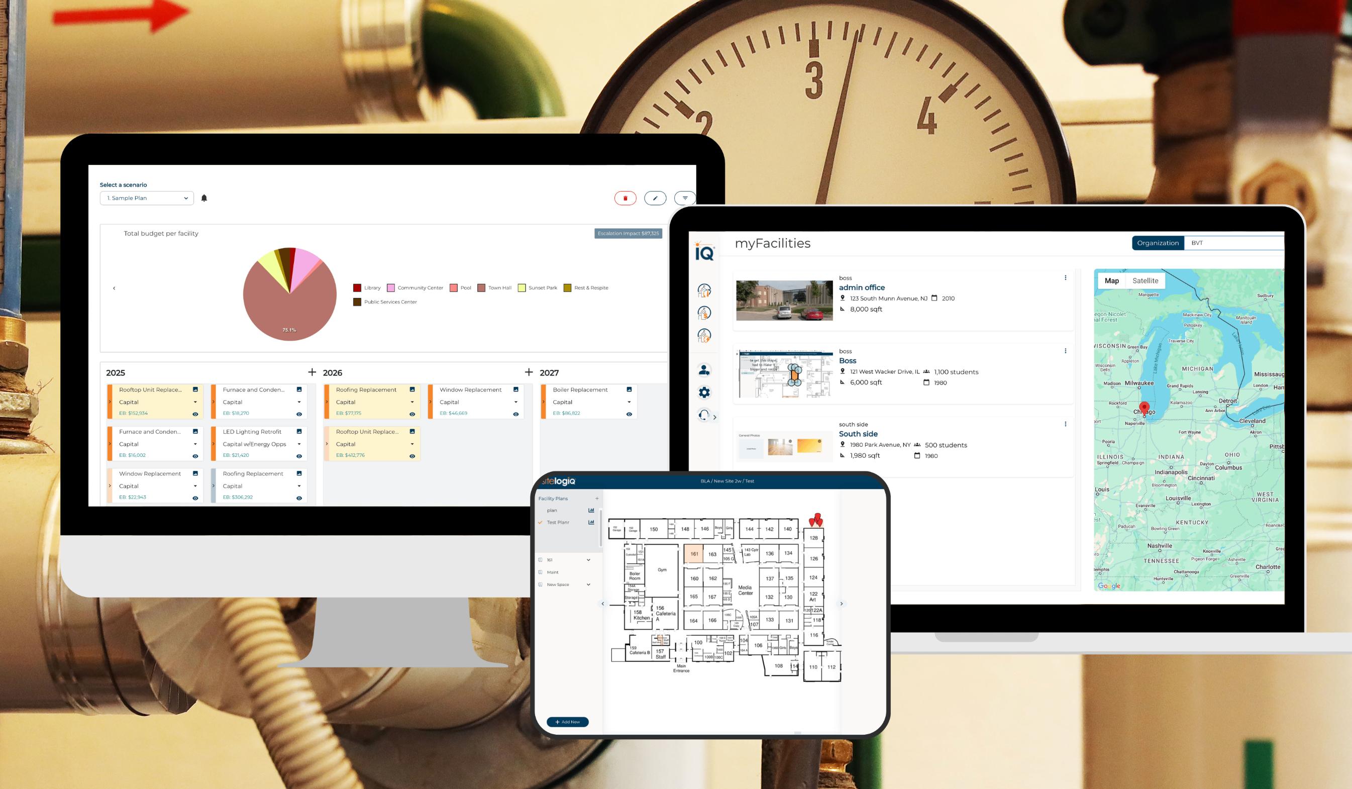 Three screens showcase a custom-built platform: a desktop displays a bar chart and timeline, a laptop features a facilities list with location map, and a tablet presents a detailed floor plan with highlighted areas.