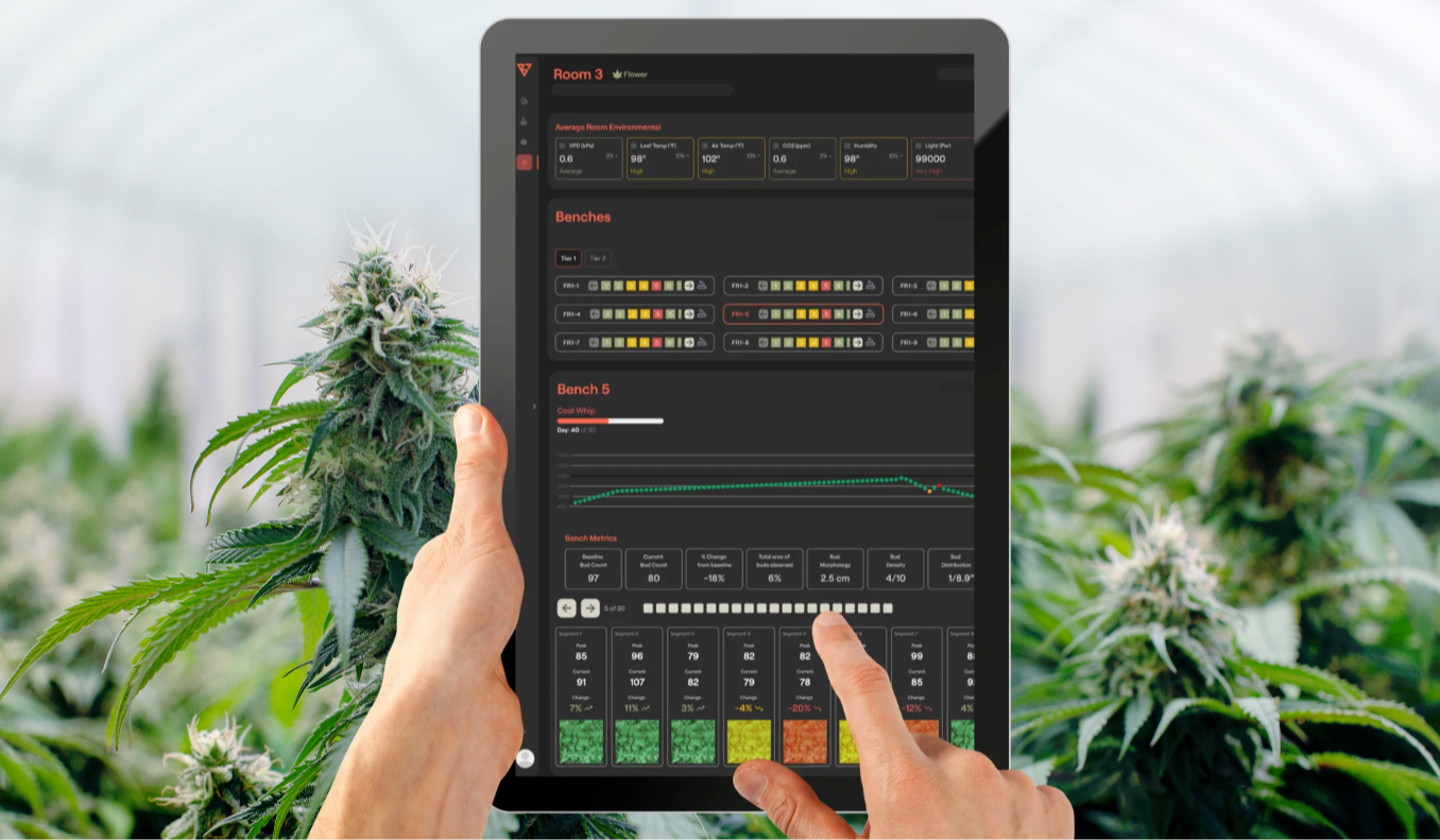 A person holds a tablet displaying a dark-themed data dashboard, likely from an MVP development project, with charts, graphs, and color-coded numeric information. One hand interacts with the interface while the other supports the device.