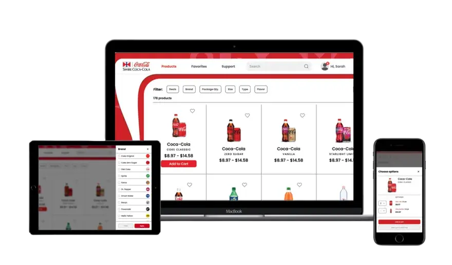 A digital mockup showcases a laptop, tablet, and smart phone featuring a custom shopping app interface. The screens display shopping bags with prices, highlighting the user experience. A stylus interacts with the tablet, all set against a clean white background.