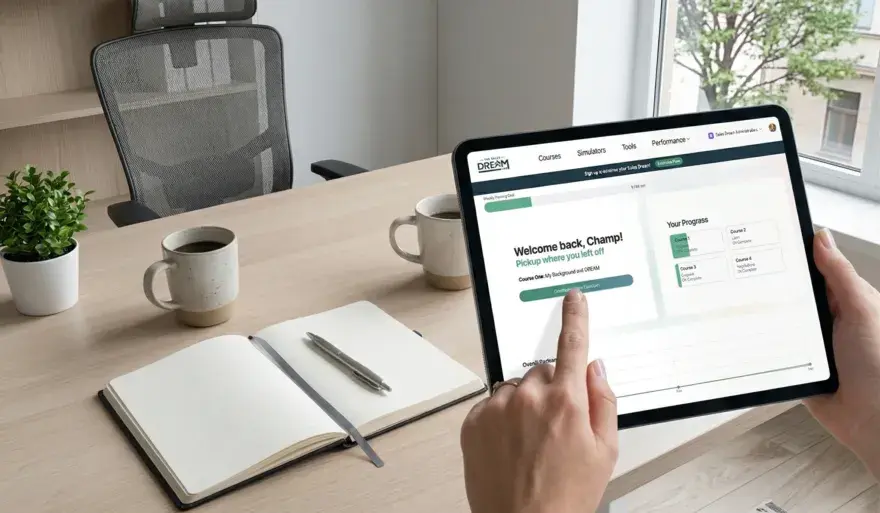 Sales rep practicing a call simulation on Revogent's AI-powered training platform, with feedback visible on the screen.